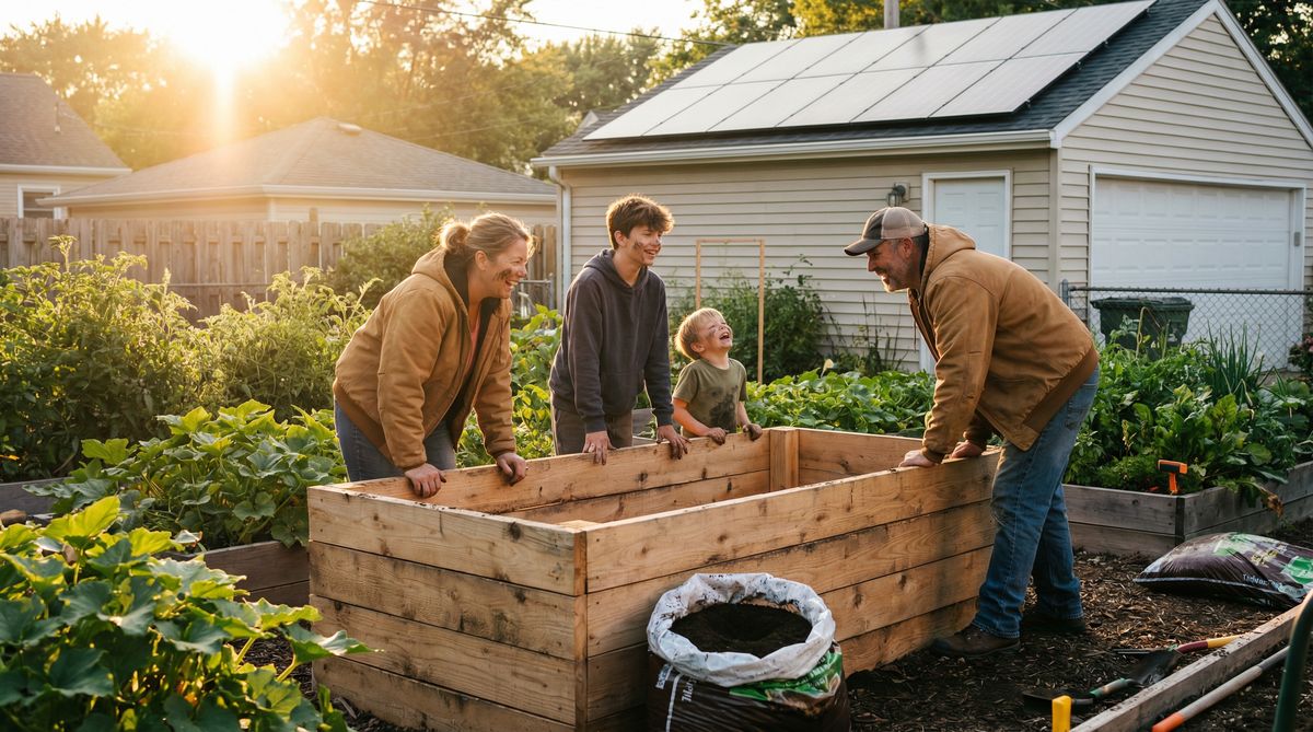 American family building a raised-bed vegetable garden in their backyard with solar panels visible — the path to self-reliance
