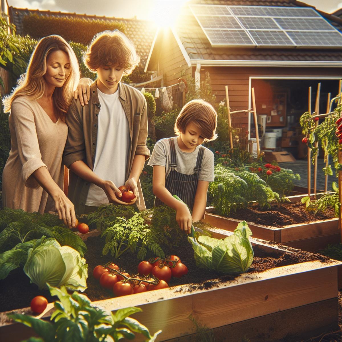 American family harvesting vegetables from raised-bed garden — self-reliance and sovereignty