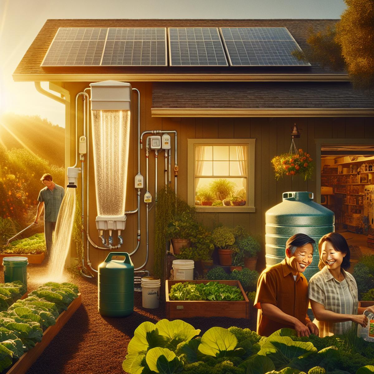 American family installing a rainwater catchment system and water filter for self-reliance
