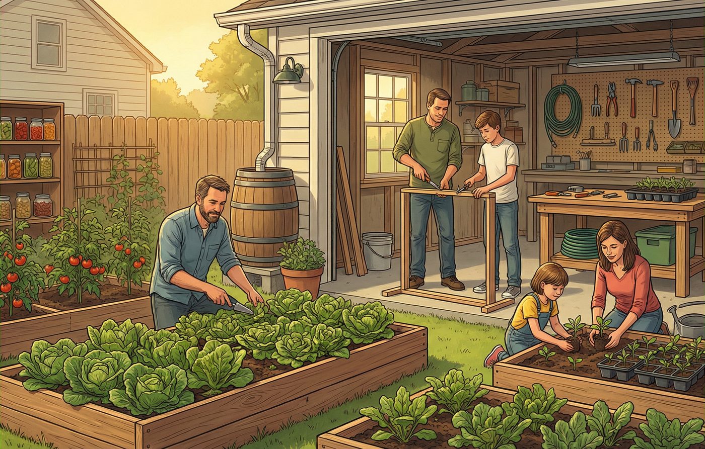 American family building local resilience with raised beds, tools, food storage, and practical self-reliance