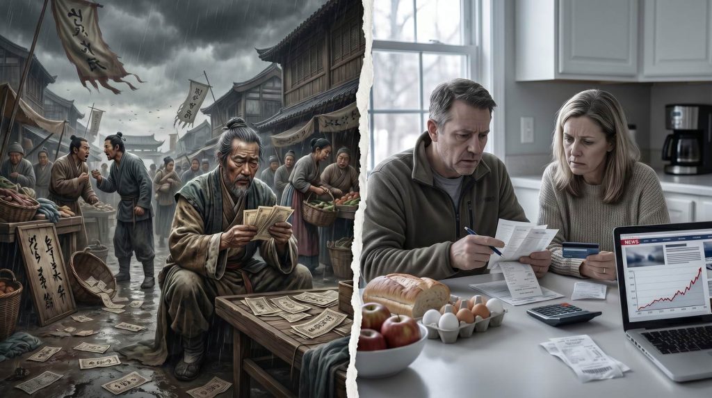 Split-screen image of Yuan dynasty paper-money crisis and a modern American couple facing rising household costs