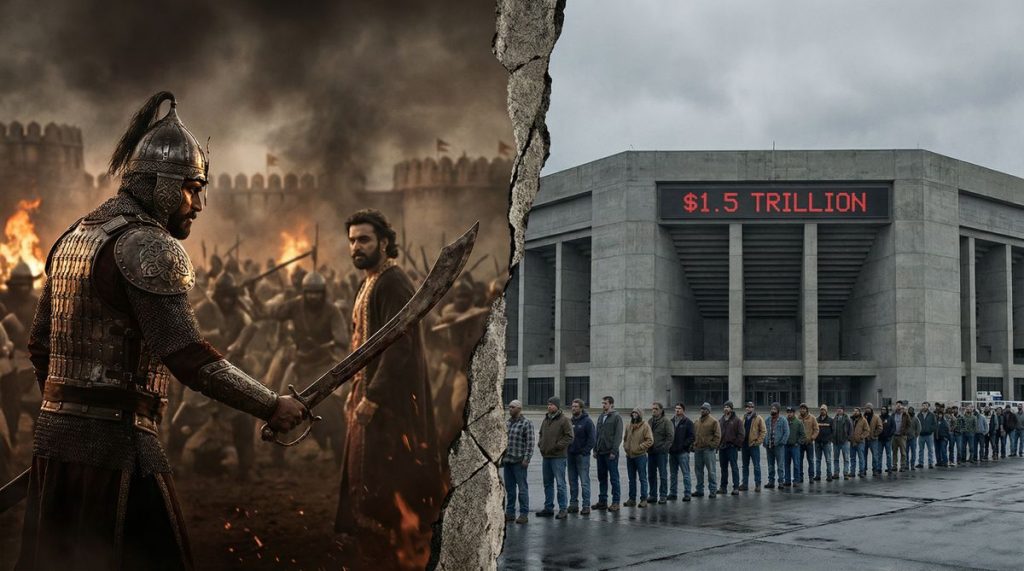 Split screen: Vijayanagara general betraying his emperor vs modern military building with $1.5 Trillion ticker