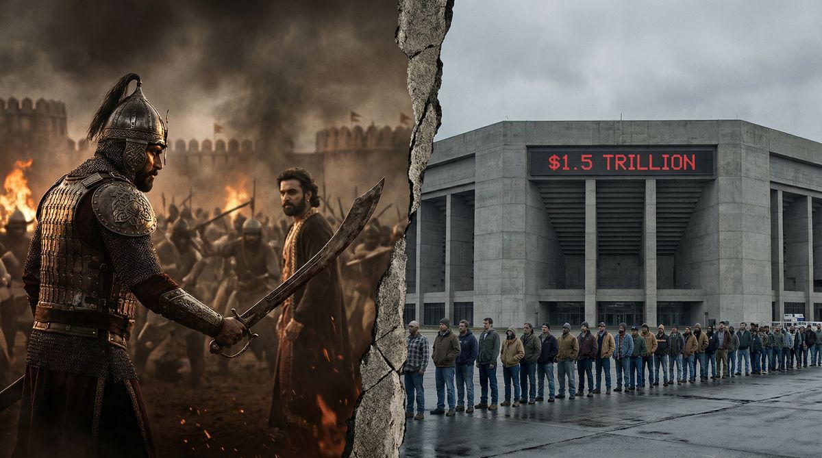 Split screen: Vijayanagara general betraying his emperor on the left, modern military building with $1.5 Trillion ticker on the right