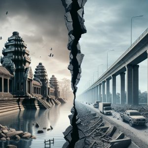 Khmer Empire dried reservoir vs modern American highway bridge collapse — infrastructure failure parallel