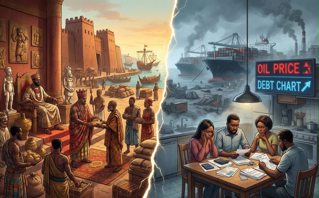 Benin trade empire contrasted with debt-heavy modern America facing trade fragility and economic rerouting