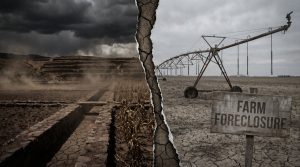 Ancient Tiwanaku raised-bed fields and modern American drought farmland — a split-screen comparison of two civilizations facing food system collapse