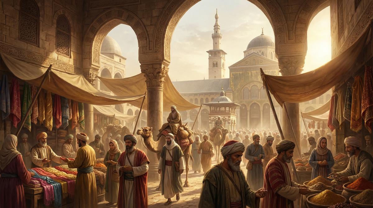 Umayyad Caliphate marketplace at peak prosperity
