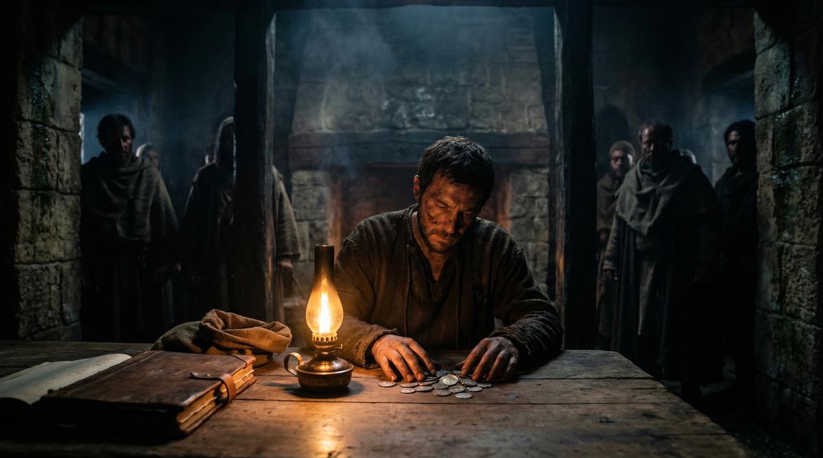 Umayyad tax collector counting dwindling coins