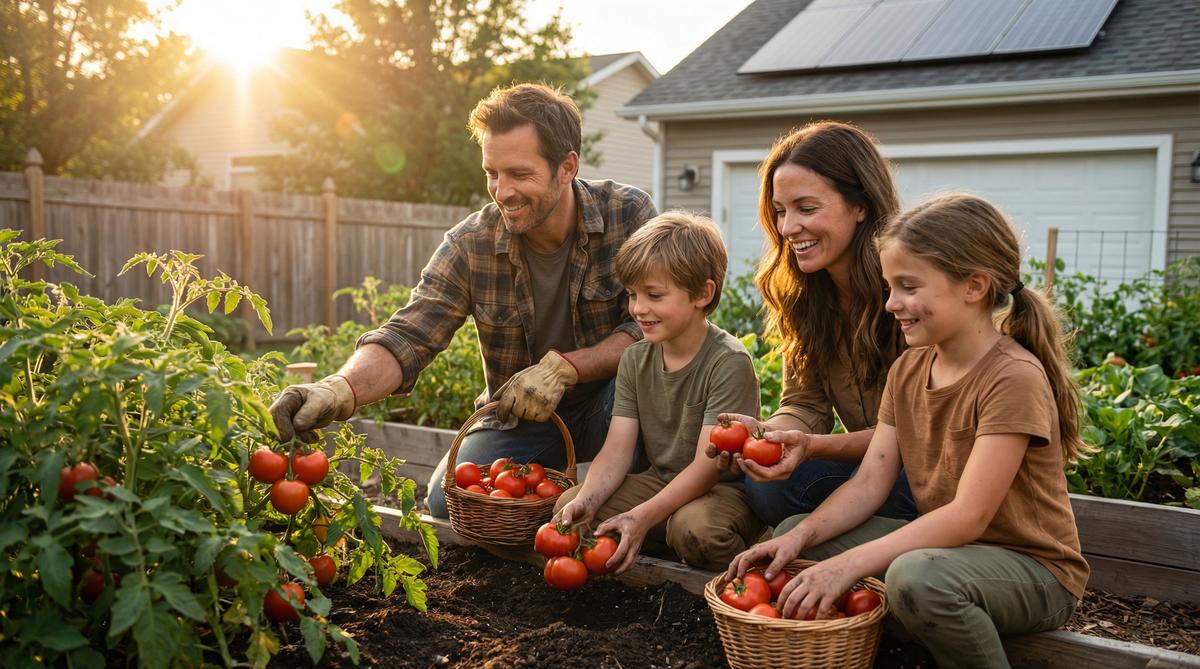 American family harvesting vegetables in backyard garden
