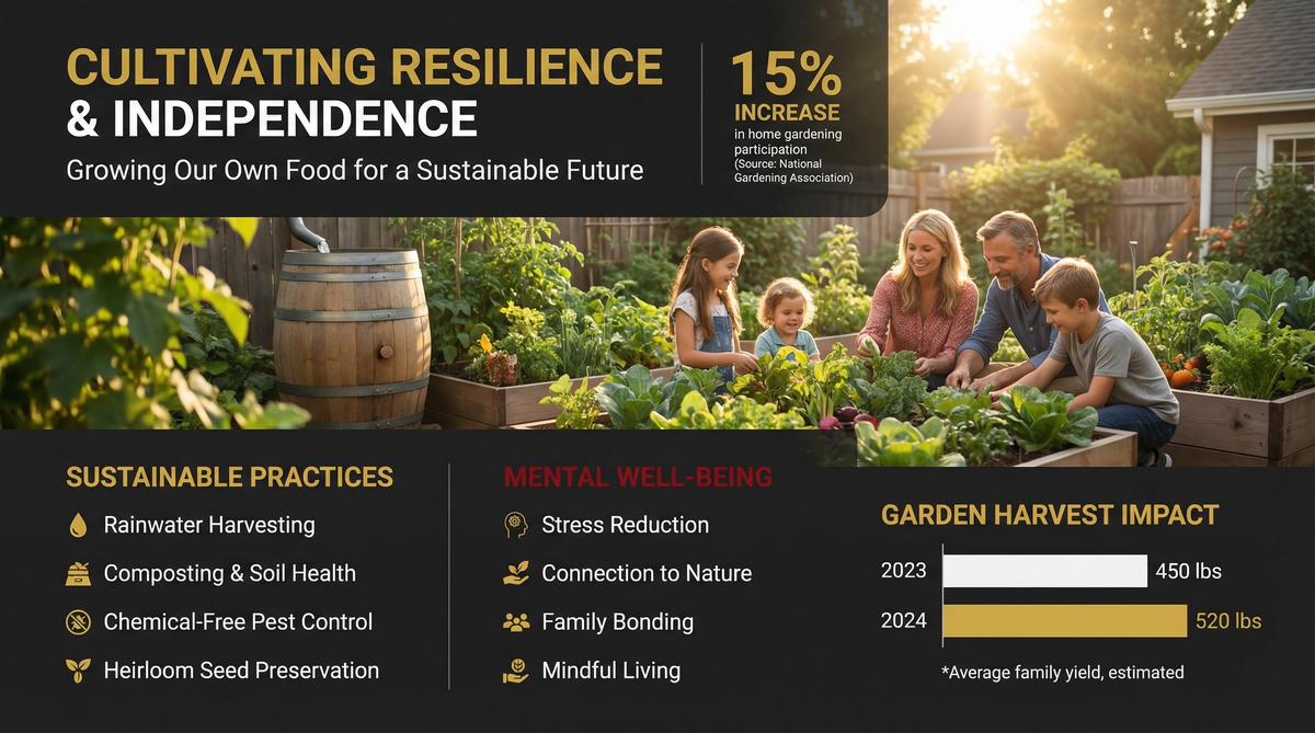 Modern American family in a lush backyard raised-bed garden