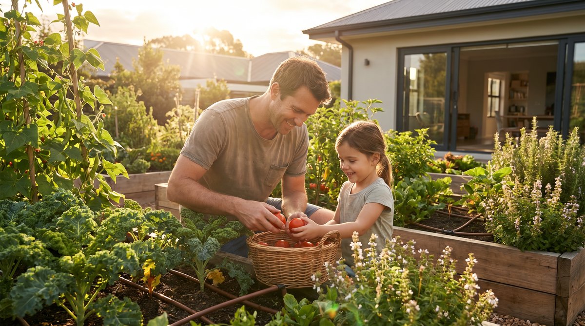 Father and daughter harvesting tomatoes from a thriving backyard raised-bed garden with drip irrigation