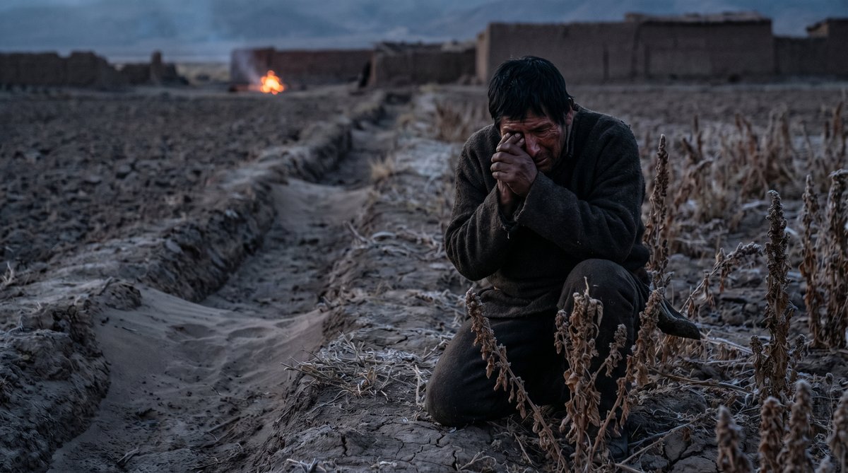 Tiwanaku farmer kneeling in despair over a dried, cracked raised-bed field during the great drought