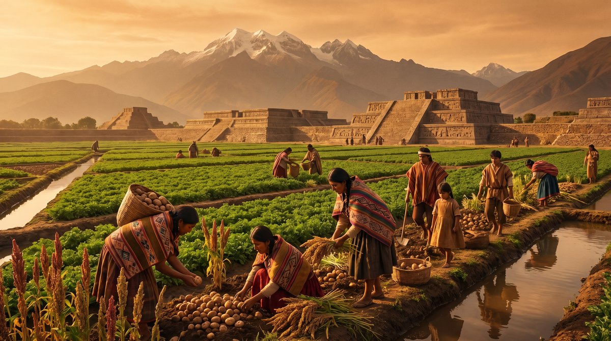 The Tiwanaku Empire at its peak — lush raised-bed agricultural fields with water canals and monumental temples in the Andes